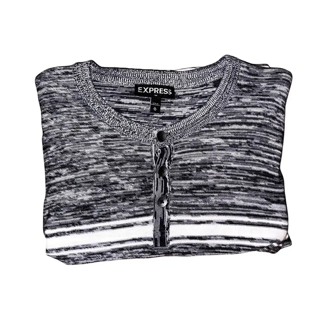 Express Striped Knit Sweater - Henley Neck Black/White - Size Men XL